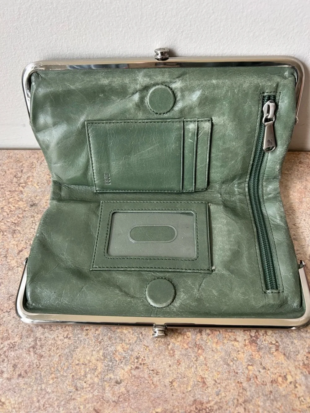 Hobo Distressed Olive Green Double Clasp Leather Wallet